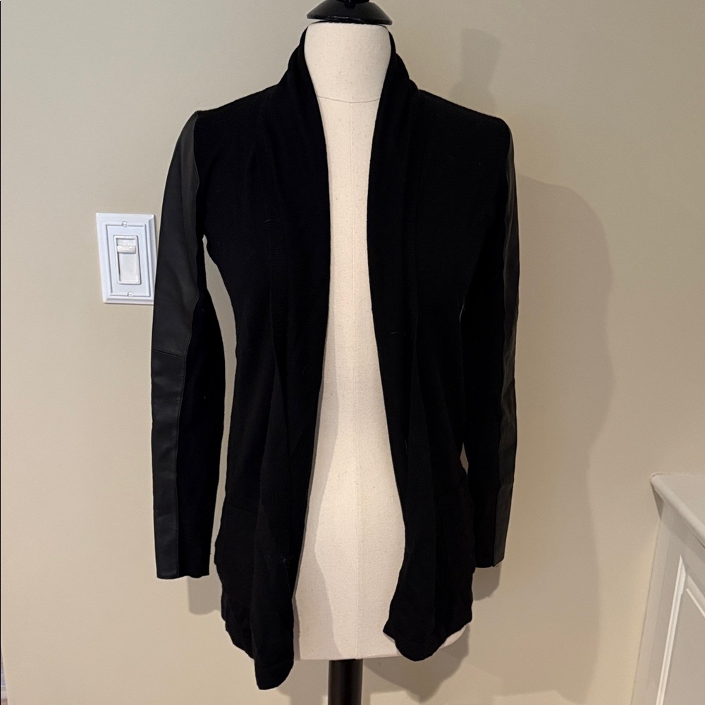 Theory Black Open Front Cardigan with Leather Sleeves